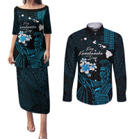 Personalised Hawaii King Kamehameha Day Couples Matching Puletasi and Long Sleeve Button Shirt Plumeria With Kakau Pattern - Blue LT14 Blue - Polynesian Pride