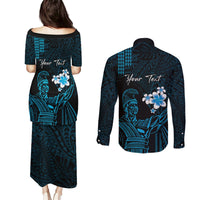 Personalised Hawaii King Kamehameha Day Couples Matching Puletasi and Long Sleeve Button Shirt Plumeria With Kakau Pattern - Blue LT14 - Polynesian Pride