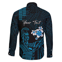 Personalised Hawaii King Kamehameha Day Family Matching Long Sleeve Bodycon Dress and Hawaiian Shirt Plumeria With Kakau Pattern - Blue