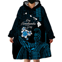 Personalised Hawaii King Kamehameha Day Wearable Blanket Hoodie Plumeria With Kakau Pattern - Blue