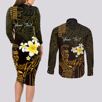 Personalised Hawaii King Kamehameha Day Couples Matching Long Sleeve Bodycon Dress and Long Sleeve Button Shirt Plumeria With Kakau Pattern - Gold