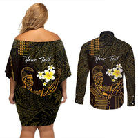 Personalised Hawaii King Kamehameha Day Couples Matching Off Shoulder Short Dress and Long Sleeve Button Shirt Plumeria With Kakau Pattern - Gold LT14 - Polynesian Pride