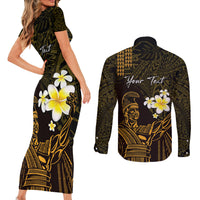 Personalised Hawaii King Kamehameha Day Couples Matching Short Sleeve Bodycon Dress and Long Sleeve Button Shirt Plumeria With Kakau Pattern - Gold