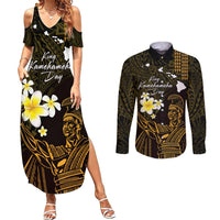 Personalised Hawaii King Kamehameha Day Couples Matching Summer Maxi Dress and Long Sleeve Button Shirt Plumeria With Kakau Pattern - Gold LT14 Gold - Polynesian Pride