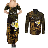 Personalised Hawaii King Kamehameha Day Couples Matching Summer Maxi Dress and Long Sleeve Button Shirt Plumeria With Kakau Pattern - Gold LT14 - Polynesian Pride