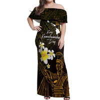 Personalised Hawaii King Kamehameha Day Off Shoulder Maxi Dress Plumeria With Kakau Pattern - Gold
