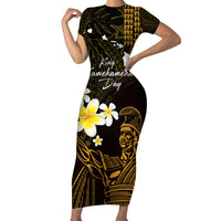 Personalised Hawaii King Kamehameha Day Short Sleeve Bodycon Dress Plumeria With Kakau Pattern - Gold