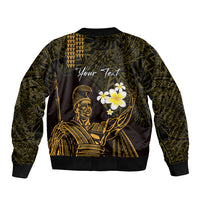 Personalised Hawaii King Kamehameha Day Sleeve Zip Bomber Jacket Plumeria With Kakau Pattern - Gold