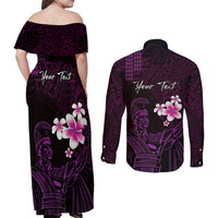 Personalised Hawaii King Kamehameha Day Couples Matching Off Shoulder Maxi Dress and Long Sleeve Button Shirt Plumeria With Kakau Pattern - Purple