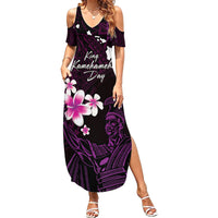 Personalised Hawaii King Kamehameha Day Family Matching Summer Maxi Dress and Hawaiian Shirt Plumeria With Kakau Pattern - Purple