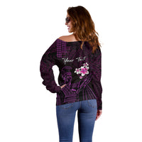 Personalised Hawaii King Kamehameha Day Off Shoulder Sweater Plumeria With Kakau Pattern - Purple
