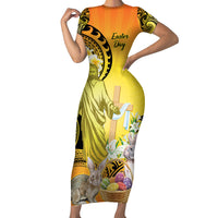 Polynesia Easter Day Short Sleeve Bodycon Dress He Is Risen Lilium Longiflorum Polynesian Pattern