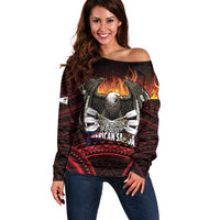 Fautasi Race Day American Samoa Off Shoulder Sweater Bald Eagle Polynesian Tattoo