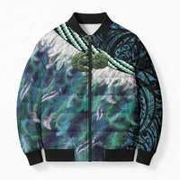 Turquoise Traditional Cloak Aotearoa Bomber Puffer Jacket Maori Paua Shell Korowai Pattern - Polynesian Pride