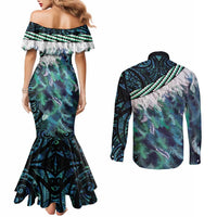 Turquoise Traditional Cloak Aotearoa Couples Matching Mermaid Dress and Long Sleeve Button Shirt Maori Paua Shell Korowai Pattern LT14 - Polynesian Pride