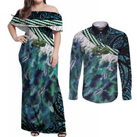 Turquoise Traditional Cloak Aotearoa Couples Matching Off Shoulder Maxi Dress and Long Sleeve Button Shirt Maori Paua Shell Korowai Pattern