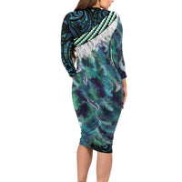 Turquoise Traditional Cloak Aotearoa Family Matching Long Sleeve Bodycon Dress and Hawaiian Shirt Maori Paua Shell Korowai Pattern