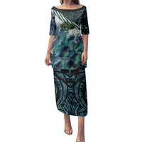 Turquoise Traditional Cloak Aotearoa Family Matching Puletasi and Hawaiian Shirt Maori Paua Shell Korowai Pattern LT14 Mom's Dress Turquoise - Polynesian Pride