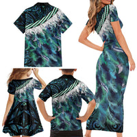 Turquoise Traditional Cloak Aotearoa Family Matching Short Sleeve Bodycon Dress and Hawaiian Shirt Maori Paua Shell Korowai Pattern