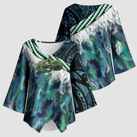 Turquoise Traditional Cloak Aotearoa Kimono Sleeve Blouse Maori Paua Shell Korowai Pattern - Polynesian Pride