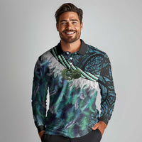 Turquoise Traditional Cloak Aotearoa Long Sleeve Polo Shirt Maori Paua Shell Korowai Pattern
