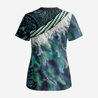 Turquoise Traditional Cloak Aotearoa Scrub Top Maori Paua Shell Korowai Pattern - Polynesian Pride