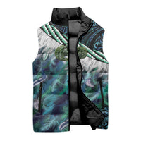 Turquoise Traditional Cloak Aotearoa Sleeveless Puffer Jacket Maori Paua Shell Korowai Pattern - Polynesian Pride