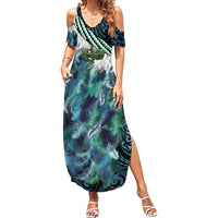 Turquoise Traditional Cloak Aotearoa Summer Maxi Dress Maori Paua Shell Korowai Pattern LT14 Women Turquoise - Polynesian Pride