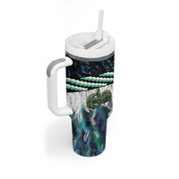 Turquoise Traditional Cloak Aotearoa Tumbler With Handle Maori Paua Shell Korowai Pattern LT14 - Polynesian Pride