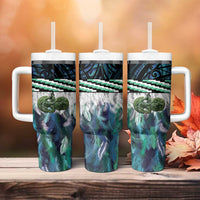 Turquoise Traditional Cloak Aotearoa Tumbler With Handle Maori Paua Shell Korowai Pattern LT14 - Polynesian Pride