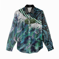 Turquoise Traditional Cloak Aotearoa Women Casual Shirt Maori Paua Shell Korowai Pattern