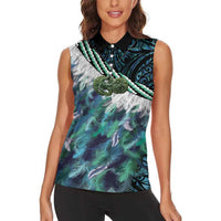 Turquoise Traditional Cloak Aotearoa Women Sleeveless Polo Shirt Maori Paua Shell Korowai Pattern