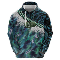 Turquoise Traditional Cloak Aotearoa Zip Hoodie Maori Paua Shell Korowai Pattern