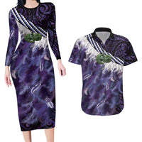 Purple Traditional Cloak Aotearoa Couples Matching Long Sleeve Bodycon Dress and Hawaiian Shirt Maori Paua Shell Korowai Pattern LT14 Purple - Polynesian Pride