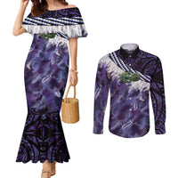 Purple Traditional Cloak Aotearoa Couples Matching Mermaid Dress and Long Sleeve Button Shirt Maori Paua Shell Korowai Pattern LT14 Purple - Polynesian Pride