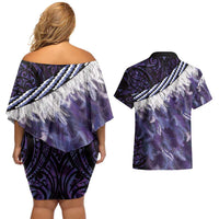 Purple Traditional Cloak Aotearoa Couples Matching Off Shoulder Short Dress and Hawaiian Shirt Maori Paua Shell Korowai Pattern LT14 - Polynesian Pride