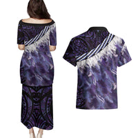 Purple Traditional Cloak Aotearoa Couples Matching Puletasi and Hawaiian Shirt Maori Paua Shell Korowai Pattern LT14 - Polynesian Pride