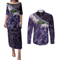 Purple Traditional Cloak Aotearoa Couples Matching Puletasi and Long Sleeve Button Shirt Maori Paua Shell Korowai Pattern