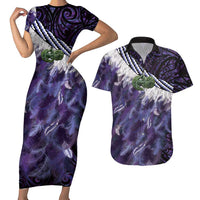 Purple Traditional Cloak Aotearoa Couples Matching Short Sleeve Bodycon Dress and Hawaiian Shirt Maori Paua Shell Korowai Pattern LT14 Purple - Polynesian Pride