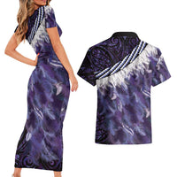 Purple Traditional Cloak Aotearoa Couples Matching Short Sleeve Bodycon Dress and Hawaiian Shirt Maori Paua Shell Korowai Pattern LT14 - Polynesian Pride