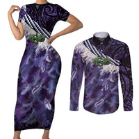 Purple Traditional Cloak Aotearoa Couples Matching Short Sleeve Bodycon Dress and Long Sleeve Button Shirt Maori Paua Shell Korowai Pattern LT14 Purple - Polynesian Pride