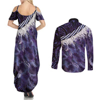 Purple Traditional Cloak Aotearoa Couples Matching Summer Maxi Dress and Long Sleeve Button Shirt Maori Paua Shell Korowai Pattern LT14 - Polynesian Pride