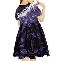 Purple Traditional Cloak Aotearoa Kid Short Sleeve Dress Maori Paua Shell Korowai Pattern