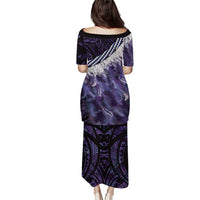 Purple Traditional Cloak Aotearoa Puletasi Maori Paua Shell Korowai Pattern