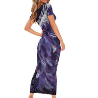 Purple Traditional Cloak Aotearoa Short Sleeve Bodycon Dress Maori Paua Shell Korowai Pattern