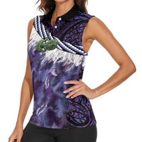 Purple Traditional Cloak Aotearoa Women Sleeveless Polo Shirt Maori Paua Shell Korowai Pattern