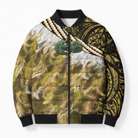 Yellow Traditional Cloak Aotearoa Bomber Puffer Jacket Maori Paua Shell Korowai Pattern - Polynesian Pride