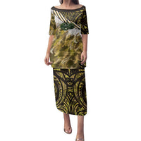 Yellow Traditional Cloak Aotearoa Family Matching Puletasi and Hawaiian Shirt Maori Paua Shell Korowai Pattern LT14 Mom's Dress Yellow - Polynesian Pride
