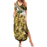 Yellow Traditional Cloak Aotearoa Family Matching Summer Maxi Dress and Hawaiian Shirt Maori Paua Shell Korowai Pattern LT14 Mom's Dress Yellow - Polynesian Pride