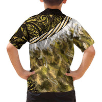 Yellow Traditional Cloak Aotearoa Kid Hawaiian Shirt Maori Paua Shell Korowai Pattern